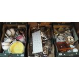 Three boxes of assorted china and metalware to include; teasets, egg cruet set on stand,