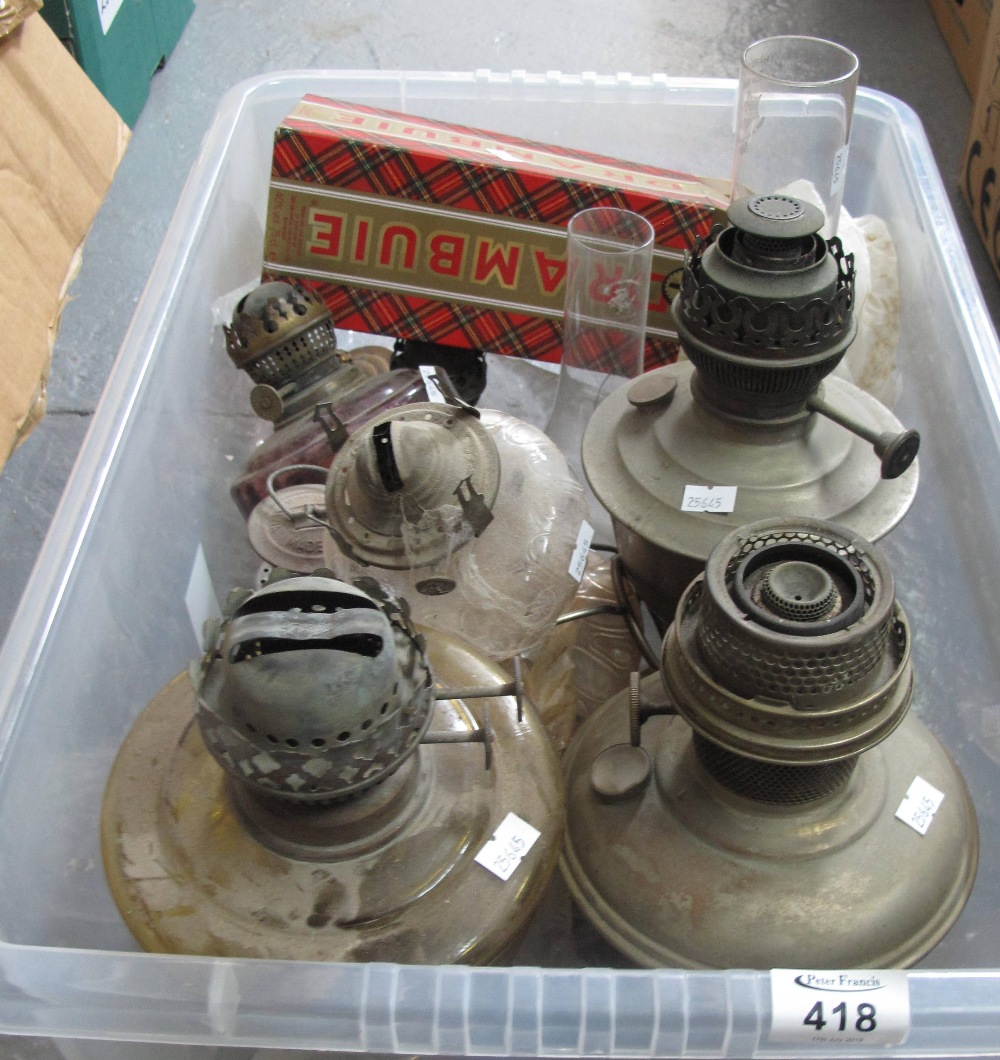 Box of assorted single and double oil burners, chimneys, shades etc. (B.P. 24% incl.