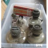 Box of assorted single and double oil burners, chimneys, shades etc. (B.P. 24% incl.