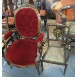 Victorian style walnut button back open armchair on serpentine front,