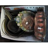 Box of assorted copper and brass to include; copper jelly mould, preserving pans,