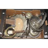 Box of assorted metalware to include; entree dish, teapot, water jug, pestle and mortar etc. (B.P.