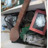 Box of assorted items to include; large carved wooden spoon, silver plated water pot,