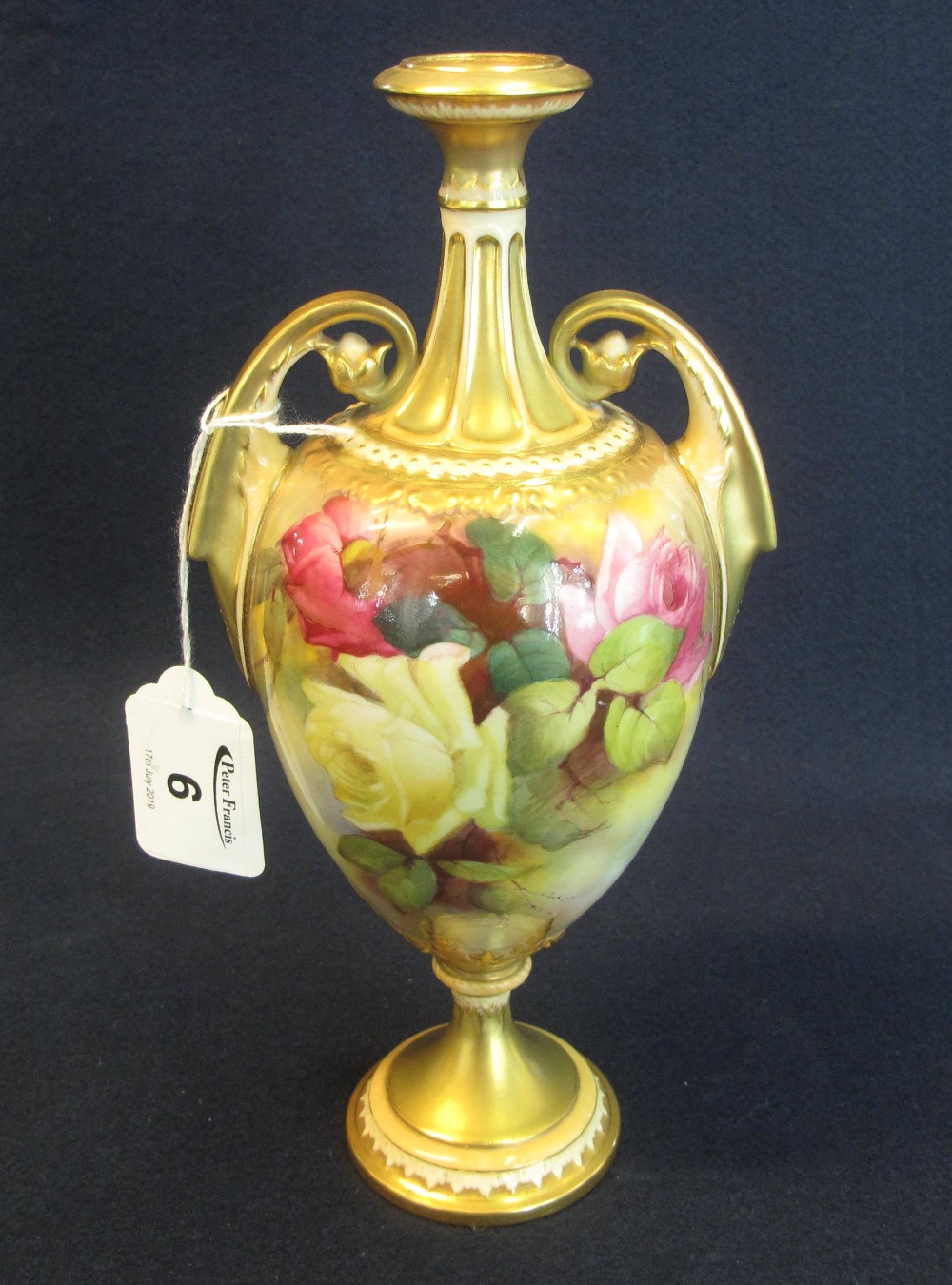 Royal Worcester porcelain two handled vase of ovoid form hand painted with roses and foliage,
