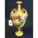 Royal Worcester porcelain two handled vase of ovoid form hand painted with roses and foliage,