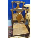 Pair of early 19th Century oak slat back kitchen chairs carved with 1908 and initials H.J. (2) (B.P.