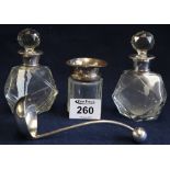 Group of silver topped scent bottles and dressing table items, various, plated ladle. (4) (B.P.