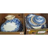 Two boxes of mainly blue and white transfer printed items to include; meat dishes, plates,