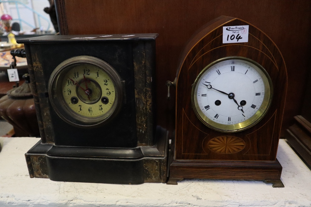 Edwardian inlaid rosewood two train lancet shaped mantel clock with Roman enamel face on brass feet,