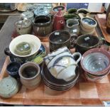 Two trays of various art pottery to include; breakfast cup and saucer, other mugs,