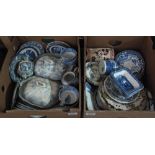 Two boxes of assorted china, many blue and white transfer printed items, plates, jugs, cups,