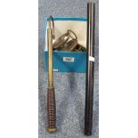 Vintage fishing tackle to include; brass telescopic gaff with turned wooden handle,