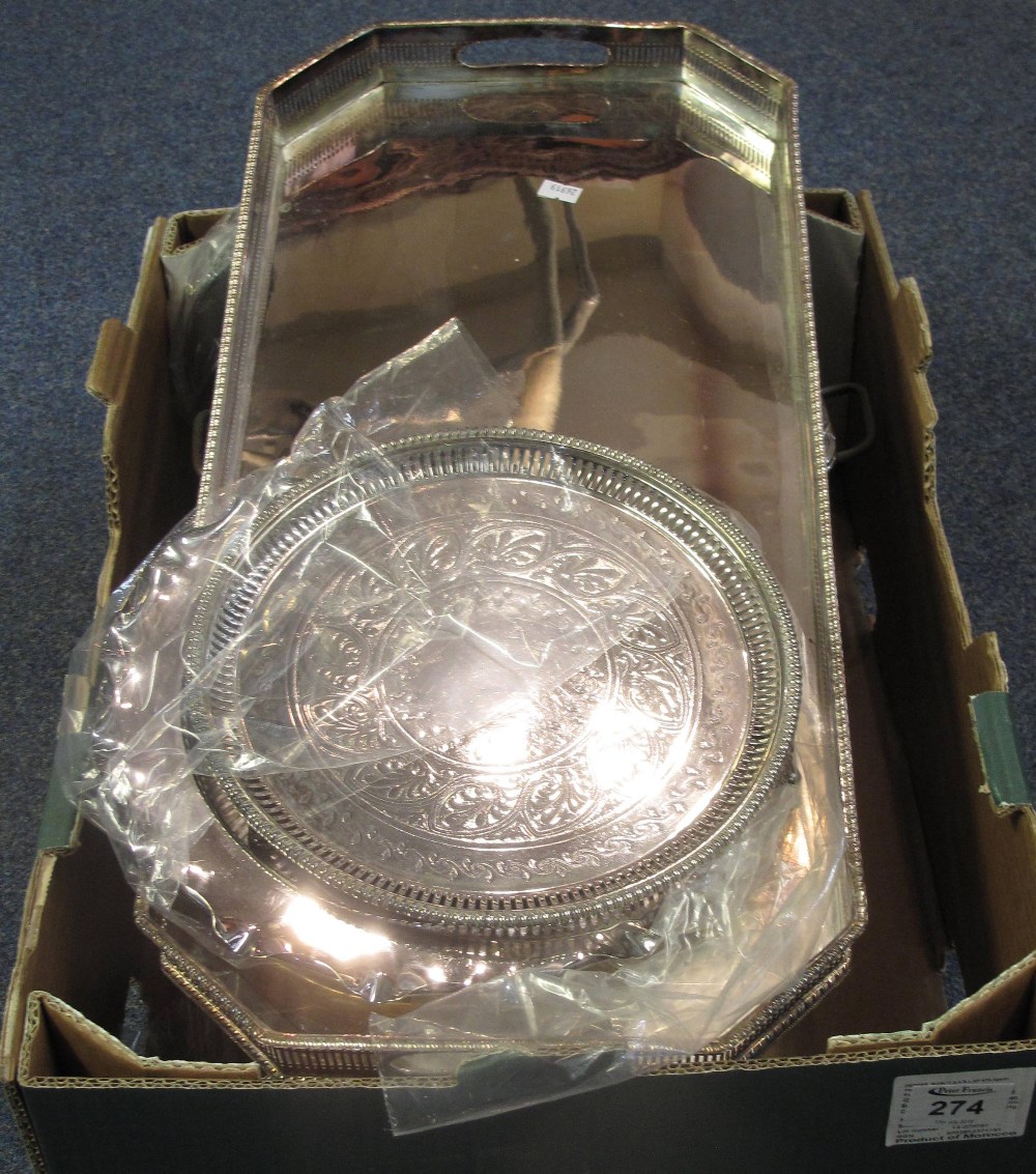 Box of assorted silver plated items, gallery trays, salvers, boxes of cutlery, loose cutlery,