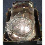 Box of assorted silver plated items, gallery trays, salvers, boxes of cutlery, loose cutlery,