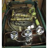 Box of assorted metalware, various to include; silver plated table candelabrum, copper planter,
