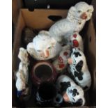 Box of assorted china to include; various Staffordshire fireside spaniels,