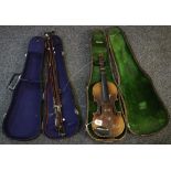 Old student type violin with five bows in tatty case, together with another case. (B.P. 24% incl.