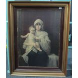 After the Old Master, Madonna and Child, coloured print, gilt frame. 98 x64cm approx. (B.P.