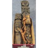Two carved wooden furniture mount term figures, together with an African carved wooden figure.