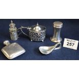 Collection of small silver condiments and a small silver flask and silver caddy spoon. (B.P.
