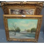 Framed photograph laid on canvas within heavy gilt frame, woodland scene.