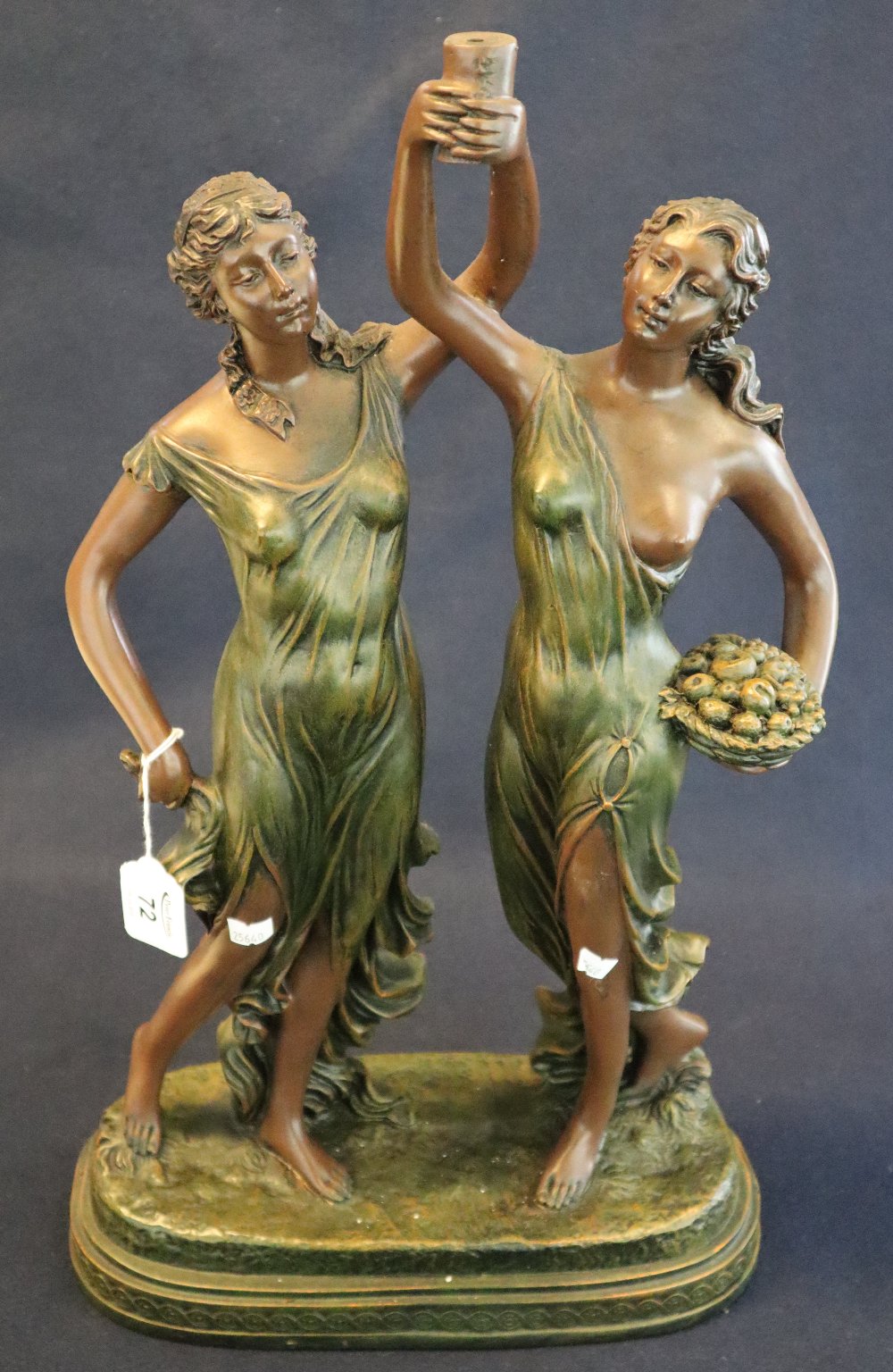 Bronzed spelter figural table lamp in the form of two maidens on oval base. (B.P. 24% incl.