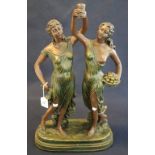 Bronzed spelter figural table lamp in the form of two maidens on oval base. (B.P. 24% incl.