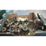 Box of assorted brassware to include; various candlesticks, Middle Eastern design vases,