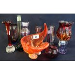 A group of eleven items of 20th Century coloured glass to include; vases, stylised dish,