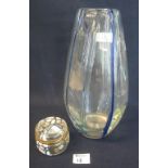 Ovoid shaped art glass vase with blue ribbed decoration,