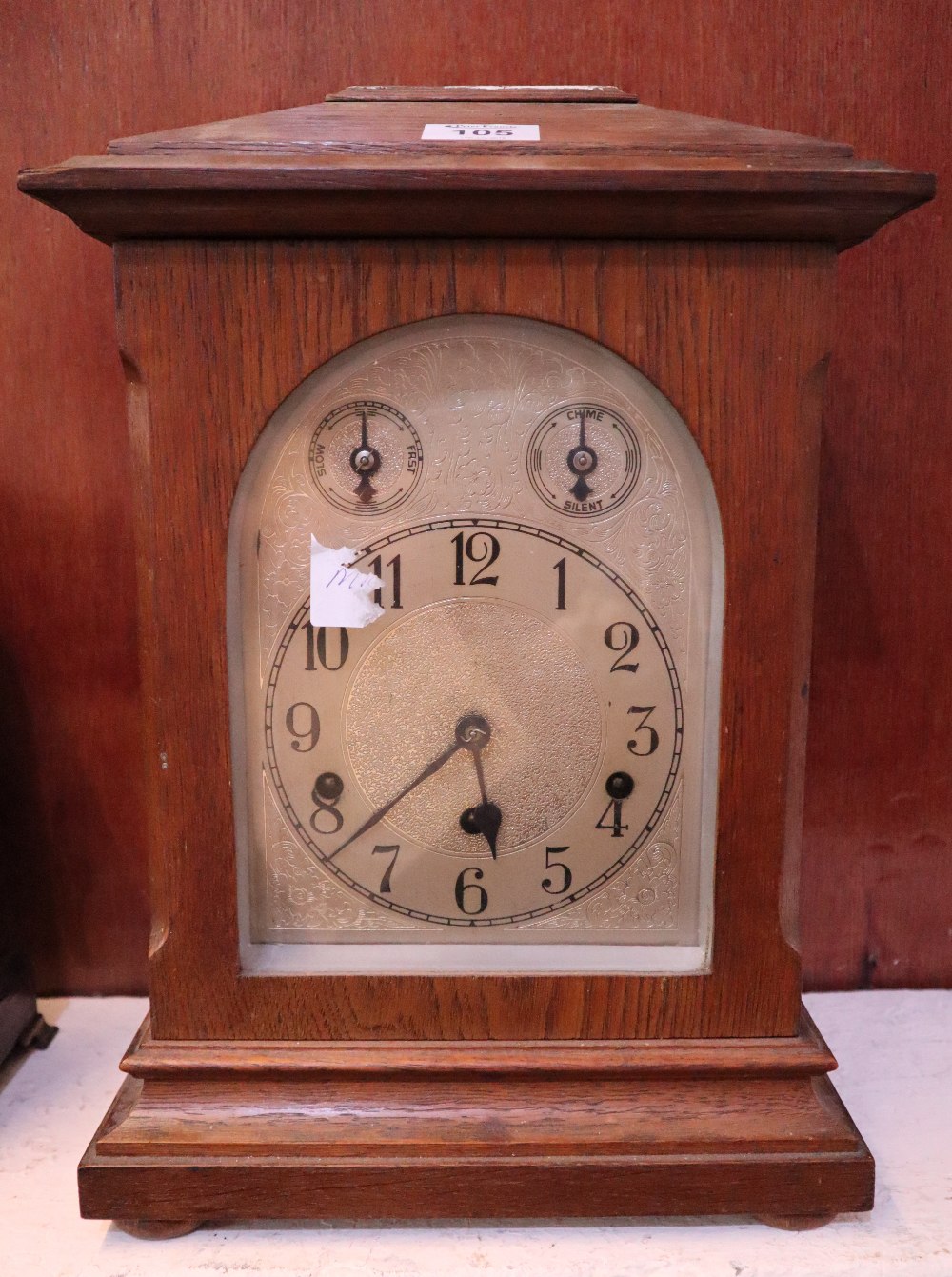 Mid Century oak three train mantel clock or bracket clock with silvered Arabic face. (B.P.