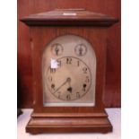 Mid Century oak three train mantel clock or bracket clock with silvered Arabic face. (B.P.