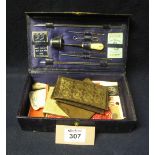 Morocco leather sewing case and contents including various needle cases (leather, paper,