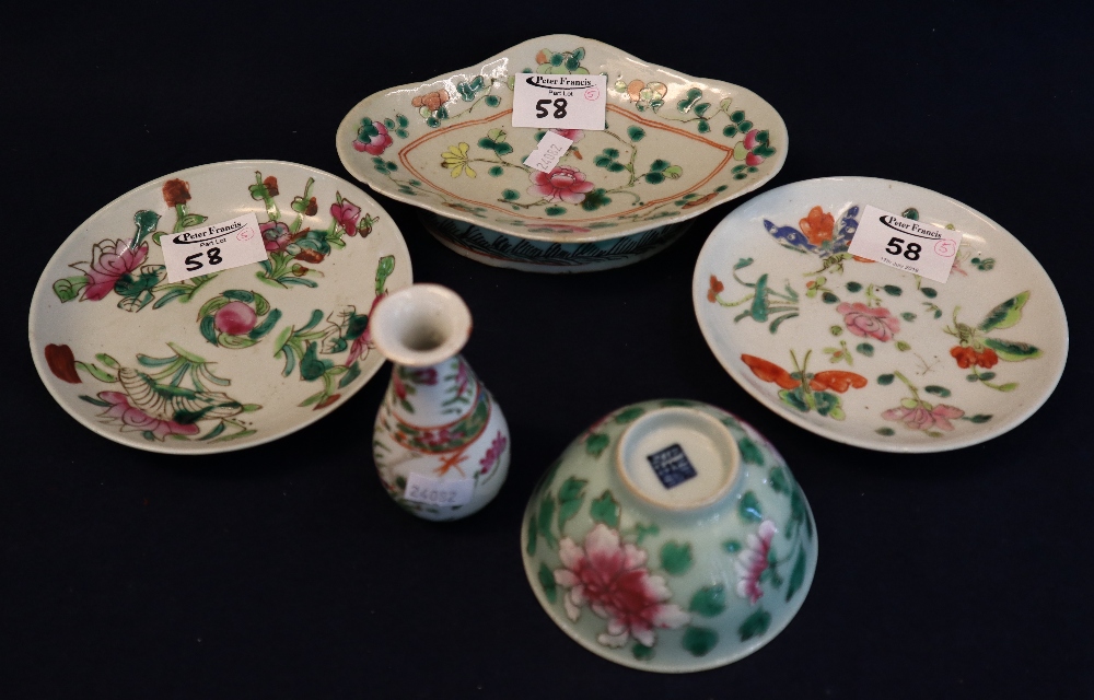 Group of assorted Chinese Canton porcelain enamel decorated items to include; two shallow dishes,