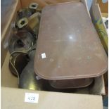 Box of assorted copper and brass to include; brass dallah, candlesticks, copper warming stove etc.