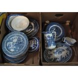 Three boxes of assorted blue and white tea and dinnerware items,