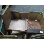 Box of assorted items to include; carved bookends, two glass candle holders, soapstone spill vase,