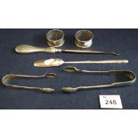 Bag of odd silver and other items to include; silver handled button hook, silver stilton scoop,