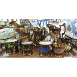Tray of copper lustre items to include; clock face jug, other dresser jugs, coffee cans,