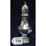 Silver baluster shaped sugar caster on pedestal base. Birmingham hallmarks, 16.