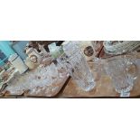 Three trays of assorted glass to include; drinking vessels, salad bowl with servers, jugs,