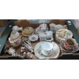 Box of assorted china, various to include; Dresden cabinet cup and saucer, continental figurines,