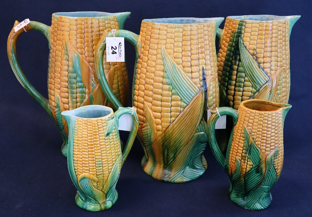 Five Victorian majolica jugs moulded in the form of corn cobs, 4 unmarked,