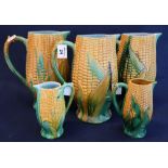 Five Victorian majolica jugs moulded in the form of corn cobs, 4 unmarked,