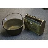 Repousse brass magazine stand and large preserving pan with fixed handle. (B.P. 24% incl.