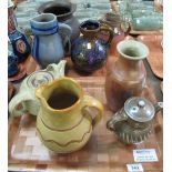 Two trays of art pottery and other jugs to include; German and continental, baluster vase etc.