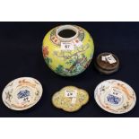 A group of Chinese porcelain and Canton enamel items to include; ginger jar, pin dish, saucers etc,