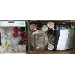 Two boxes of china and glass to include; drinking vessels, commemorative mugs and plates,