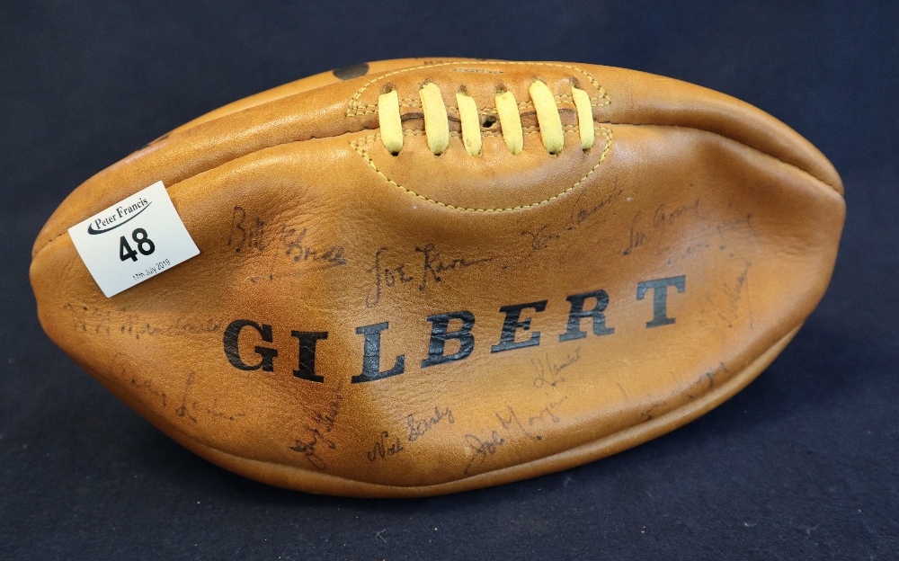 Vintage leather Gilbert rugby ball signed by New Zealand and Llanelli 1972/73 and Lions touring