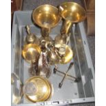 Box of assorted metalware to include; miniature copper table gong, brass vases, candlesticks etc.